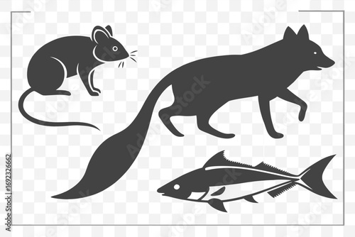 Silhouette illustration of a mouse, fox, and fish set against a transparent backdrop