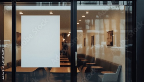 Mockup white paper or white promotion poster displayed on the front of the restaurant, coffee shop Promotion information for marketing announcements and details 