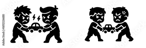 Black silhouette icon set of two angry boys fighting over a toy car, a concept for childhood conflict and sibling rivalry