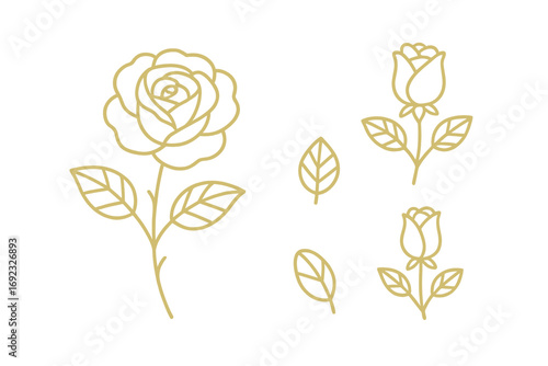 Elegant gold rose flower and leaf line art icon set for luxury branding and wedding invitation design elements isolated on a white background