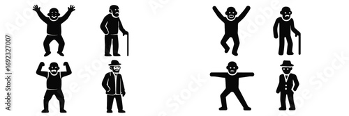Set of black silhouette icons of men in various poses and emotions including happy, sad, and elderly figures