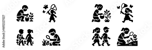 Children exploring nature icon set with kids picking berries, catching butterflies, and looking at insects with a magnifying glass