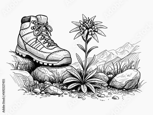 Hiking Boot and Edelweiss in Mountain Sketch Style – Black and White Vector for Outdoor Design