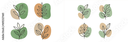 Minimalist botanical line art collection with abstract organic shapes in earth tones and modern boho style leaf drawings with a subtle watercolor texture for design