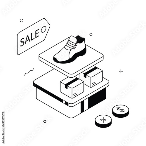 Isometric illustration of a shoe sale display with packages