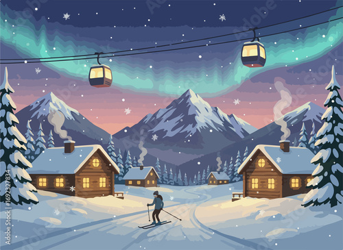 Snowy Mountain Village at Dusk Cross-Country Skiing under the Aurora Borealis
