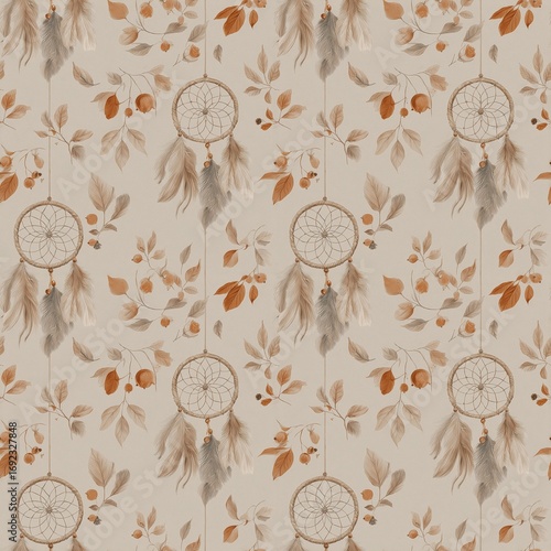 Wallpaper Mural Dreamcatcher seamless pattern. Boho design with leaves and feathers, muted autumn tones Torontodigital.ca