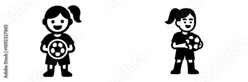 Simple black and white icon set of a young girl soccer player holding a football, representing youth sports and athletic activity