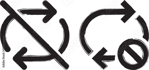 Set of black circular arrows with prohibition and cancel symbols on transparent background, hand-drawn style icons representing no refresh, no undo, or disabled loop, isolated vector illustration