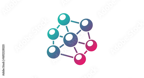 A colorful network of connected spheres with gradient colors on a white background in the center