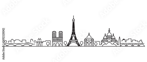 Paris Line Art Skyline. Paris city black skyscrapers and buildings. Long cityscape. with white background