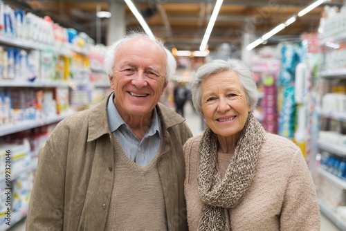 elderly couple standing side by side in supermarket aisle