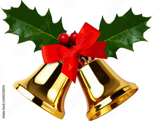 Festive Gold Bells with Holly and Red Bow:  Cheerful Christmas Illustration