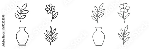 Minimalist line art icon set with hand-drawn flowers, leaves, and vases for botanical and floral design elements isolated on a white background
