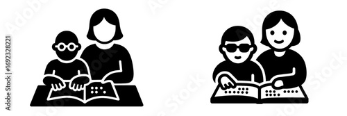 Visually impaired child learning to read braille with adult teacher assistance, concept for inclusive education and accessibility support for blind people