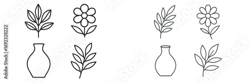 Minimalist line art collection of botanical elements with delicate flowers, green leaves, and elegant vases for modern home decor