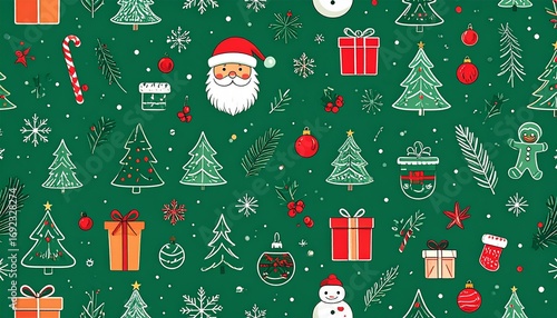 Seamless Christmas pattern with Santa Claus, snowflakes, gift boxes, Christmas trees, candy canes, stockings, and ornaments on a green festive background.
