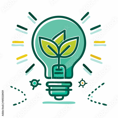 Illustration of a bright lightbulb with a green plant inside, symbolizing a fresh eco-friendly idea, sustainable energy, environmental innovation, and clean technology