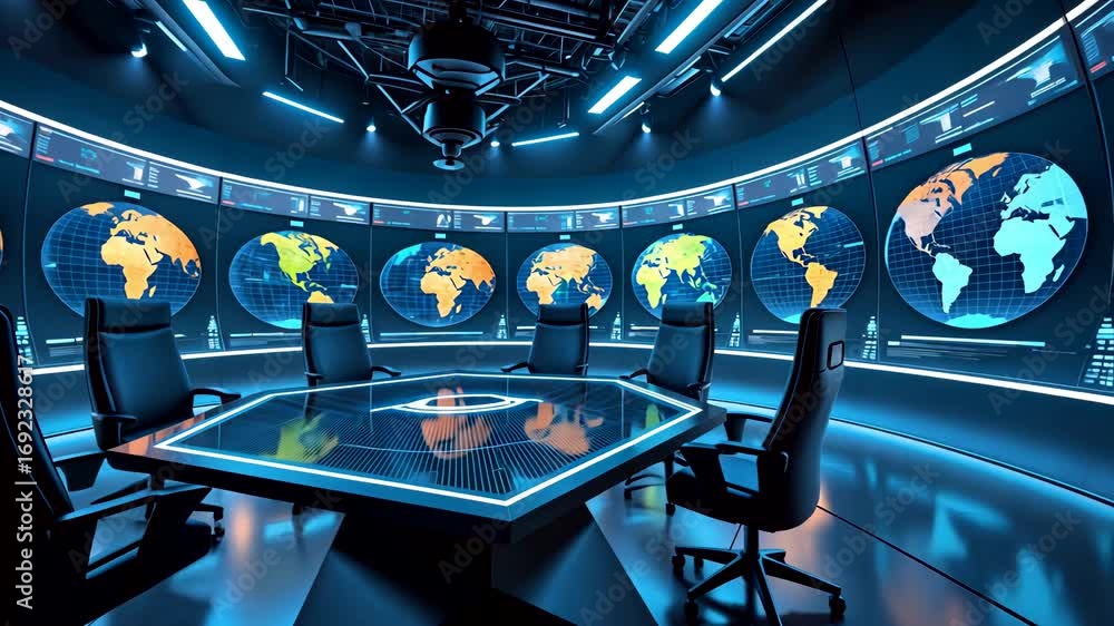 Futuristic high tech command center with digital world maps on large ...