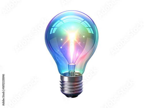 Iridescent Holographic Light Bulb Icon Glowing with Multicolored Light Rays isolated on a transparent background