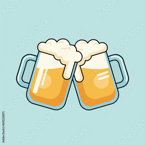 Cartoon beer mugs clinking with foam, Cheers up illustration