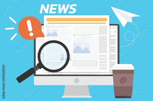 Newspaper notification on a computer monitor screen with a magnifying glass.