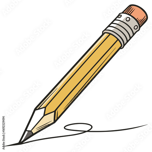 A sharp yellow pencil drawing a curved line on a white background, ready for creative work