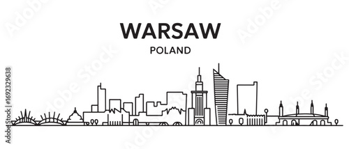 Warsaw Line Art skyline horizontal banner. Warsaw, Poland. Vector template for your design. with white background