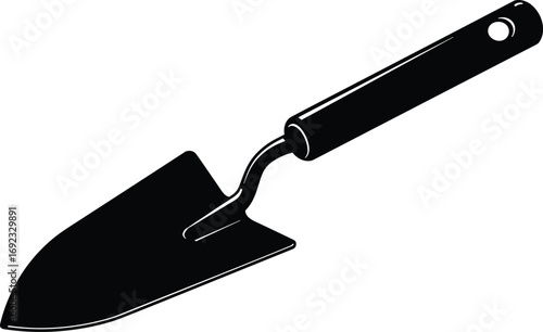 Black garden trowel illustration with ergonomic handle, useful tool for planting, gardening, digging, and soil preparation in outdoor work.
