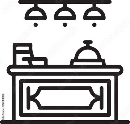 Clean line art illustration of a hotel reception desk with a bell and overhead lights representing hospitality and customer service