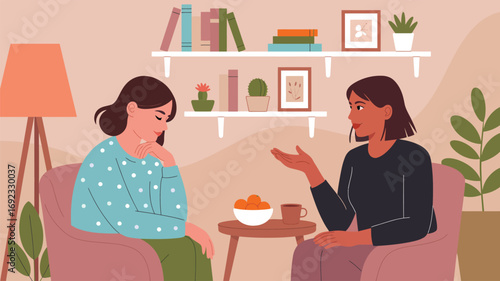 Illustration of two people in cozy room having thoughtful conversation, symbolizing empathy, support, and meaningful interpersonal dialogue