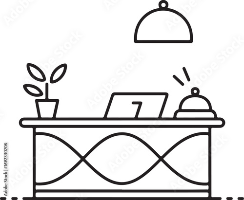Clean line art illustration of a hotel reception desk with a potted plant a laptop and a service bell ready to assist guests with a modern minimalist aesthetic