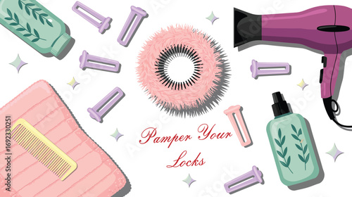 Flat lay of colorful hair care tools and products with “Pamper Your Locks” text, featuring dryer, brush, rollers, and leaf-themed bottles