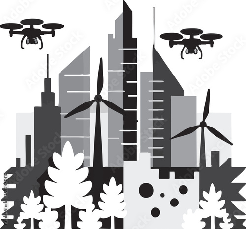 Futuristic cityscape with drones and wind turbines