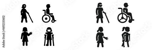 Black silhouette icon set of people with disabilities, including wheelchair users, visually impaired individuals, and people using crutches or prosthetics for accessibility concepts