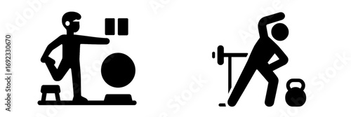 Set of black silhouette icons depicting people exercising and stretching in a gym with fitness equipment like kettlebells and barbells