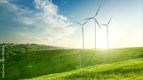 Wind turbines on green field under blue sky