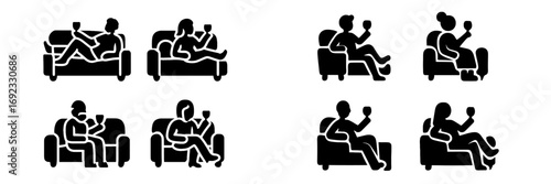 Black glyph icon set of people relaxing on a couch and armchair with a glass of wine for leisure and social concepts