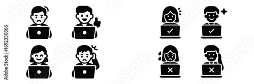 Glyph icon set of people using laptops with various emotions and feedback symbols like checkmarks and crosses
