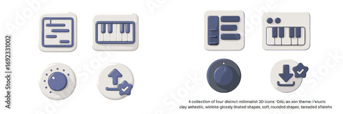 3D music production and user interface icon set with piano keyboard, playlist, mixer, download, and upload symbols for web and mobile applications