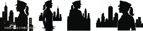 Female police officer silhouettes set against cityscape background multiple poses silhouette