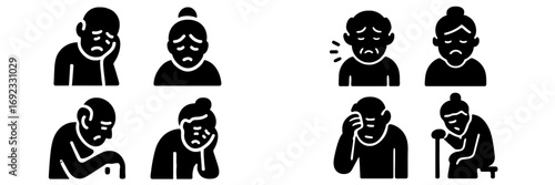 Set of black glyph icons showing elderly people with health problems like headaches, sadness, and depression