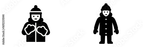 Set of two black glyph icons showing a person in winter clothes, including a warm coat, beanie hat, and mittens for cold weather