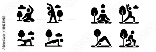 Outdoor exercise and yoga poses glyph icon set for fitness and wellness. Black silhouette pictograms of a person stretching, meditating, and working out in a park