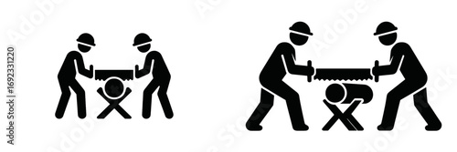 Black and white pictogram icon set of two workers in hard hats using a two-man crosscut saw to cut a log on a sawhorse