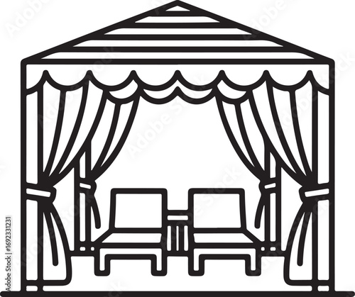 Simple line drawing illustration of a gazebo or cabana with two chairs and a table inside featuring draped curtains and a peaked roof representing outdoor relaxation and shelter