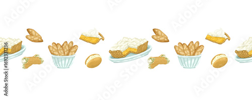 desserts seamless vector border. A charming hand-drawn illustration featuring pies, cannoli, and cookies. Ideal for bakery branding, cafe decorations, culinary invitations, and packaging design.