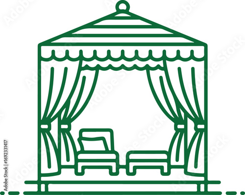 Green line art illustration of a luxurious outdoor cabana with two lounge chairs and draped curtains perfect for resort or poolside relaxation and vacation themes