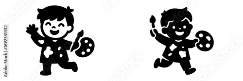 Happy young boy artist with paintbrush and palette icon set in a simple black and white silhouette style for creative concepts