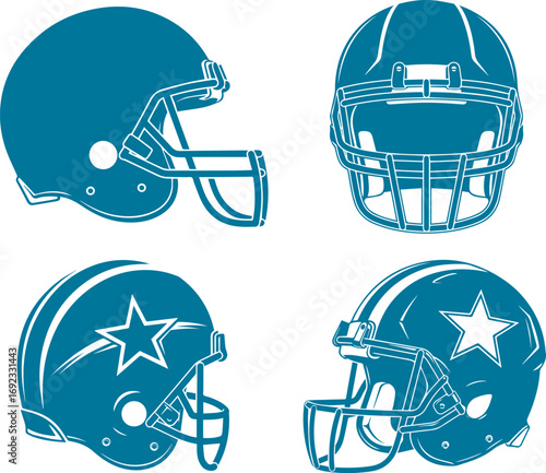 Vector silhouette set of American football helmets in different angles, front, side, minimal design, black solid shapes, sports protective gear, isolated on white background
